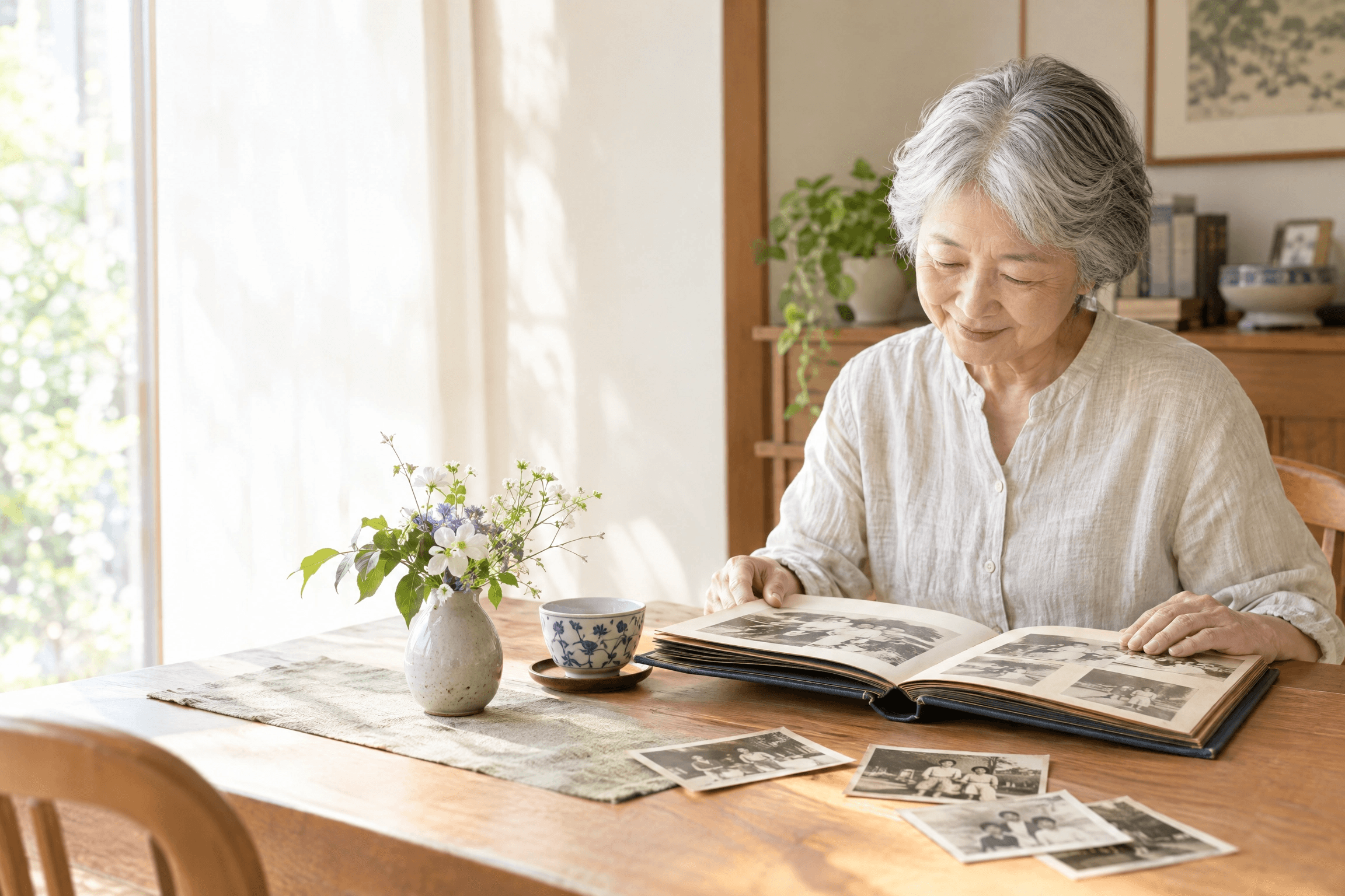 朝の食卓で、花とお茶とともにアルバムを開いてほほえむ高齢の女性