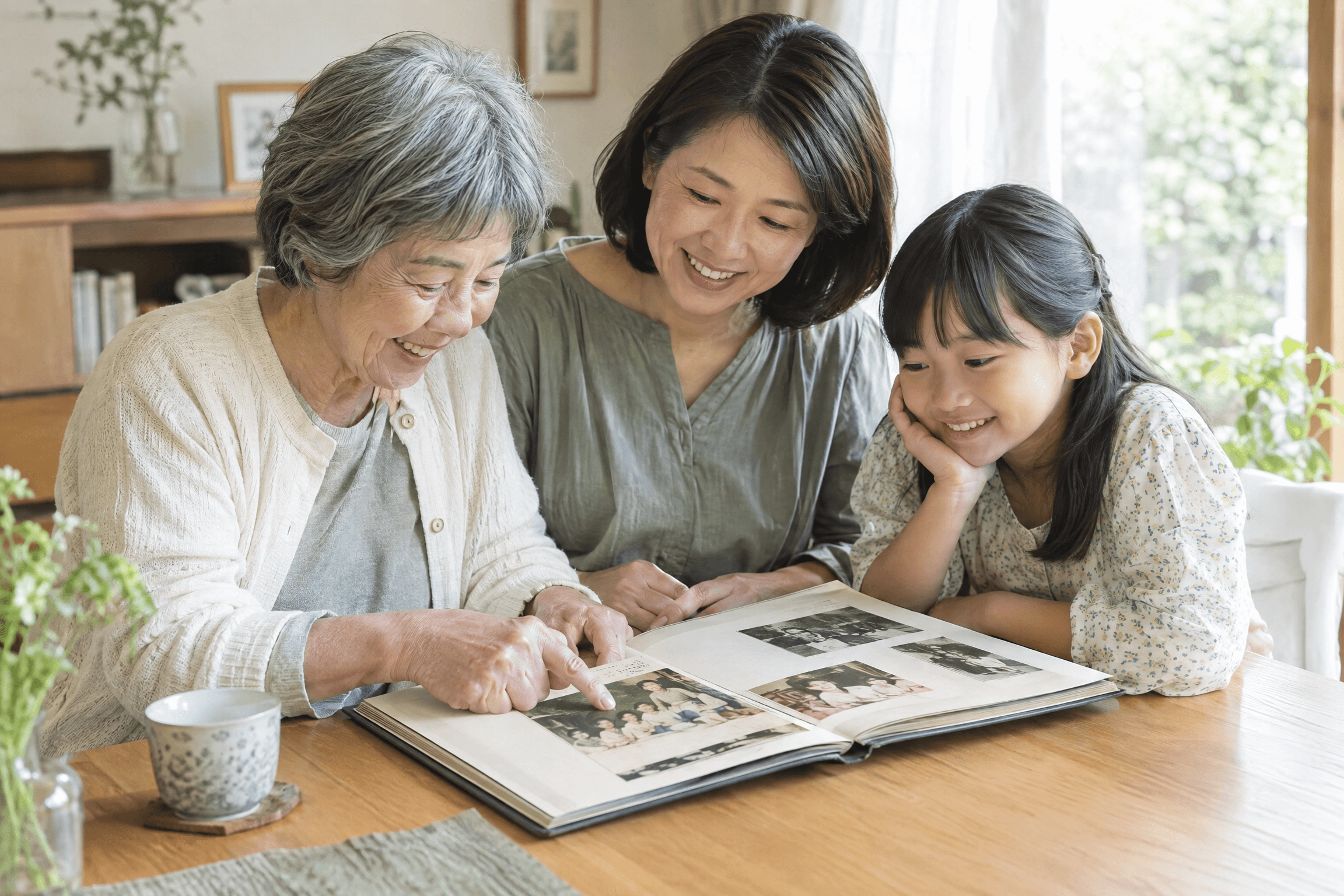 祖母・母・娘の三世代で、写真アルバムを一緒に見ながら笑い合う様子